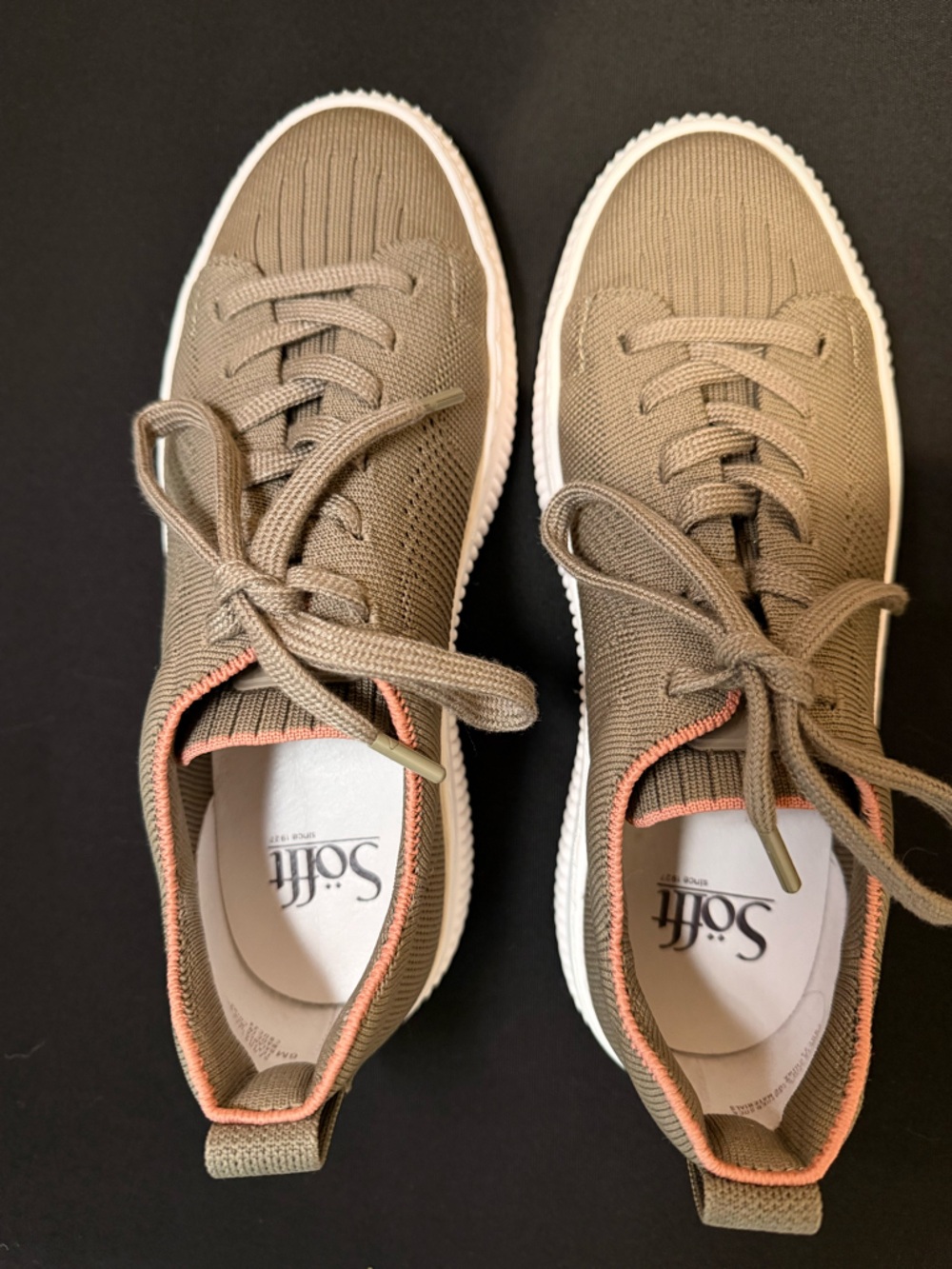 Sofft Olive Green Knit Sneakers with Coral Trim